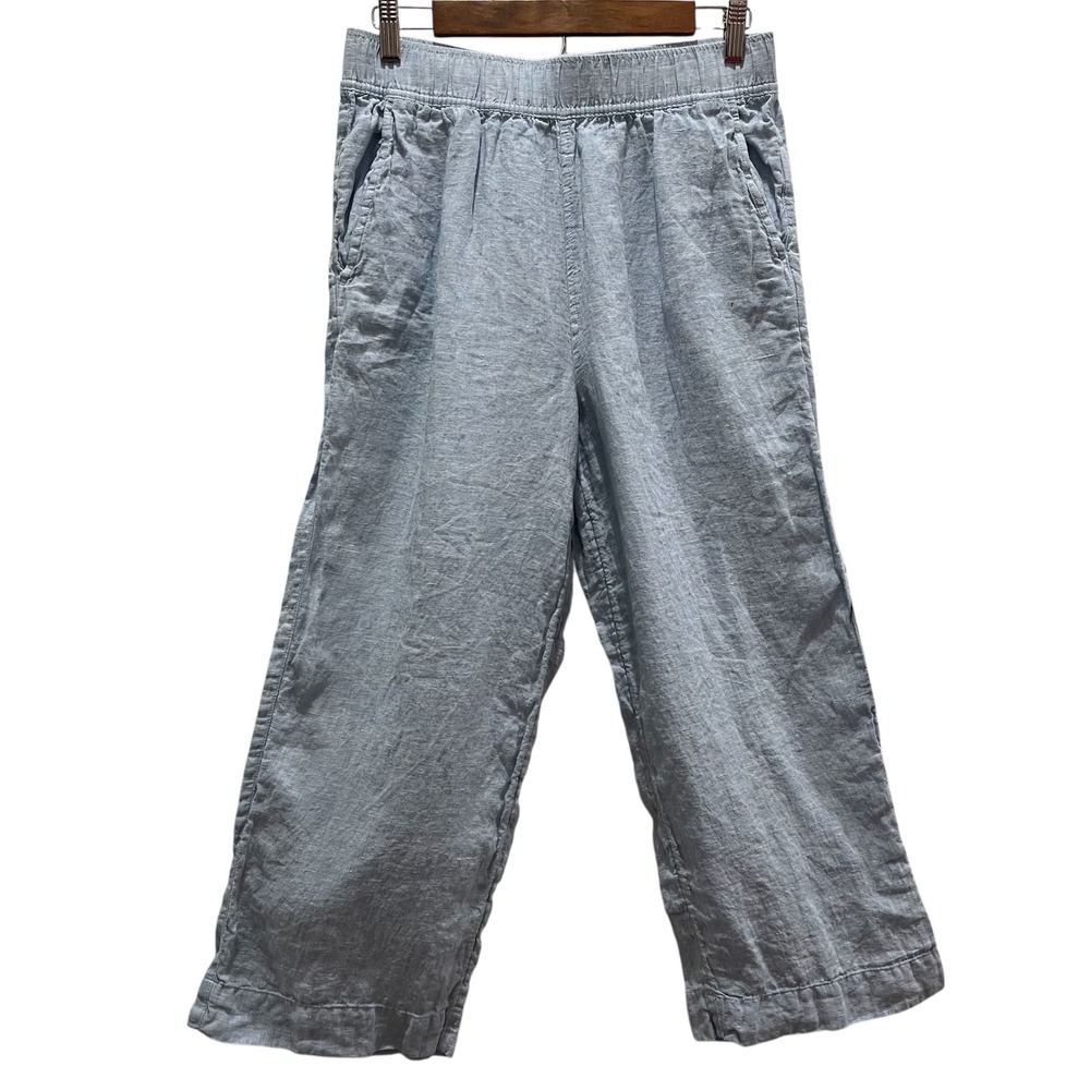 Tahari Linen Pants Women M Blue Wide Leg Cropped Coastal Beach Travel Minimalist